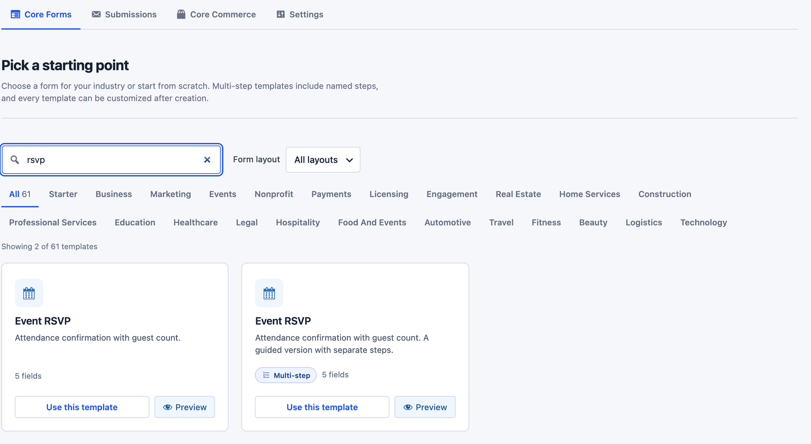 Core Forms template gallery searched for rsvp, showing the Event RSVP template and its multi-step version