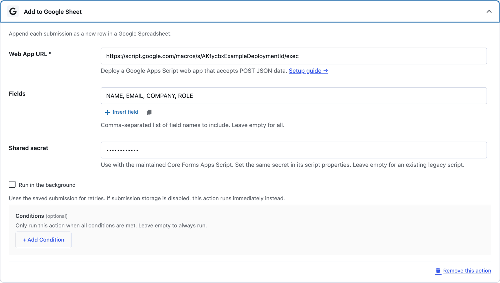The Add to Google Sheet action with the web app URL, a field list of NAME, EMAIL, COMPANY, ROLE and a shared secret