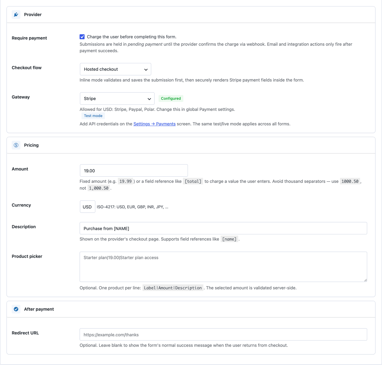 The Payment tab of the product purchase form with Require payment on, Stripe selected as the gateway, a fixed amount and USD as the currency
