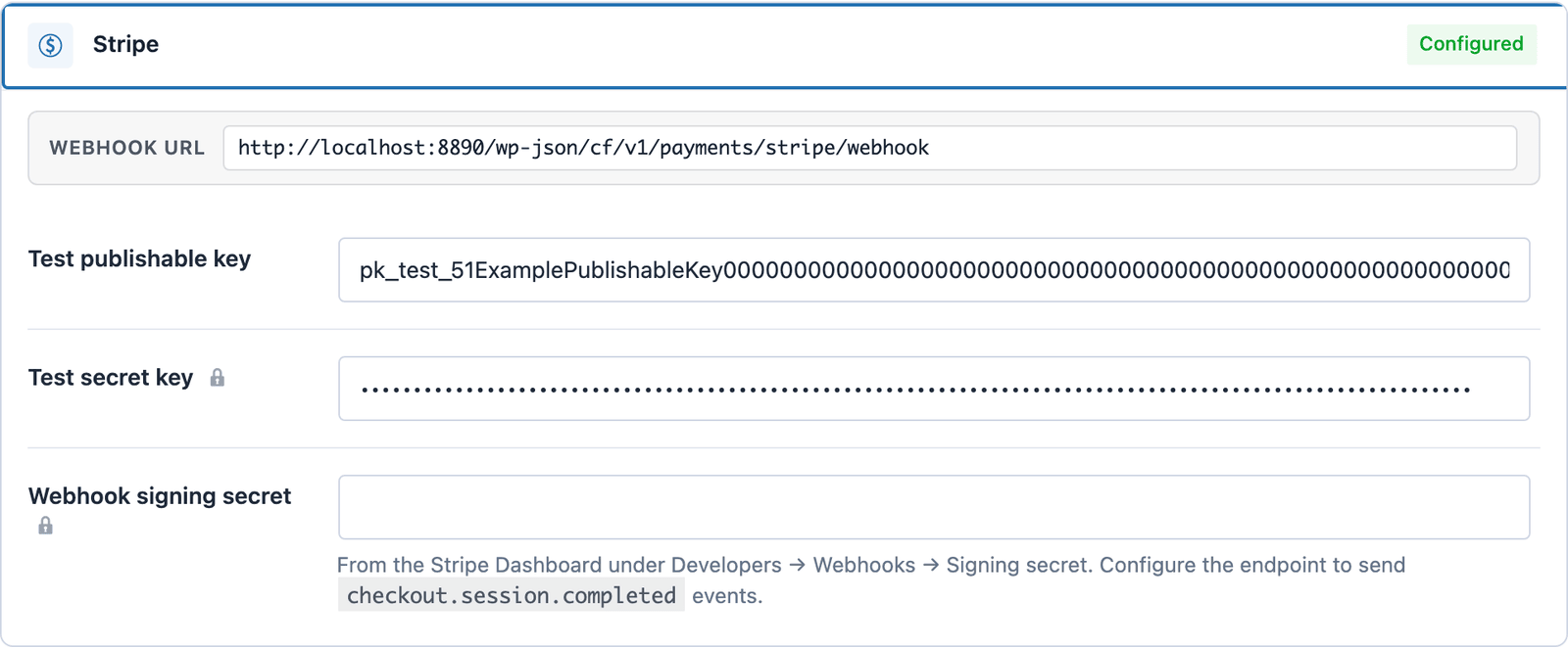 The Stripe card in the Payments settings with the webhook URL and the test publishable key, secret key and webhook signing secret
