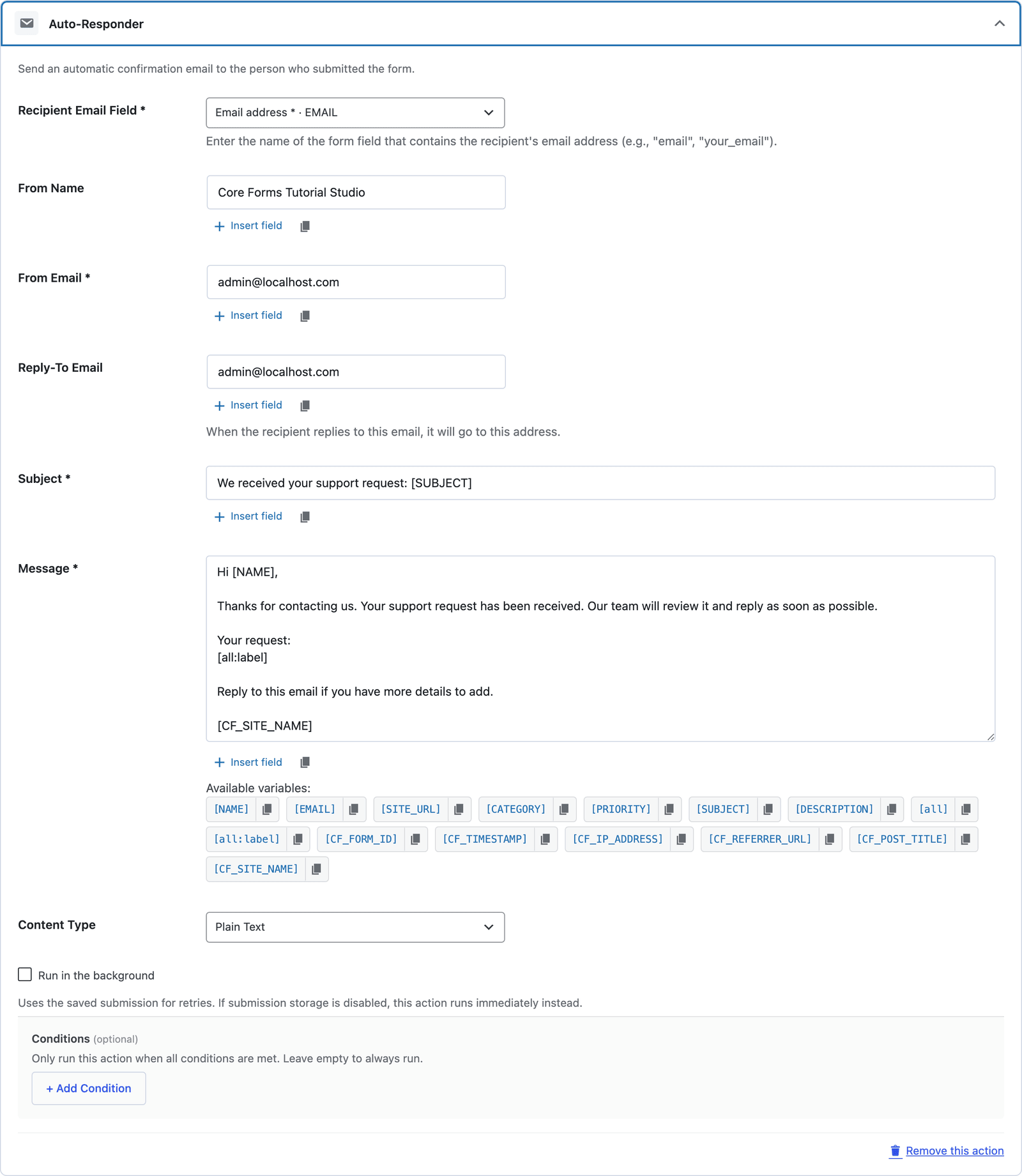 The Auto-Responder action for the Support request form, sending a confirmation to the EMAIL field with the request included