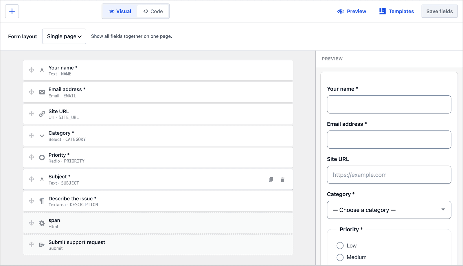 Core Forms builder for the Support request form showing name, email, site URL, category, priority, subject and description