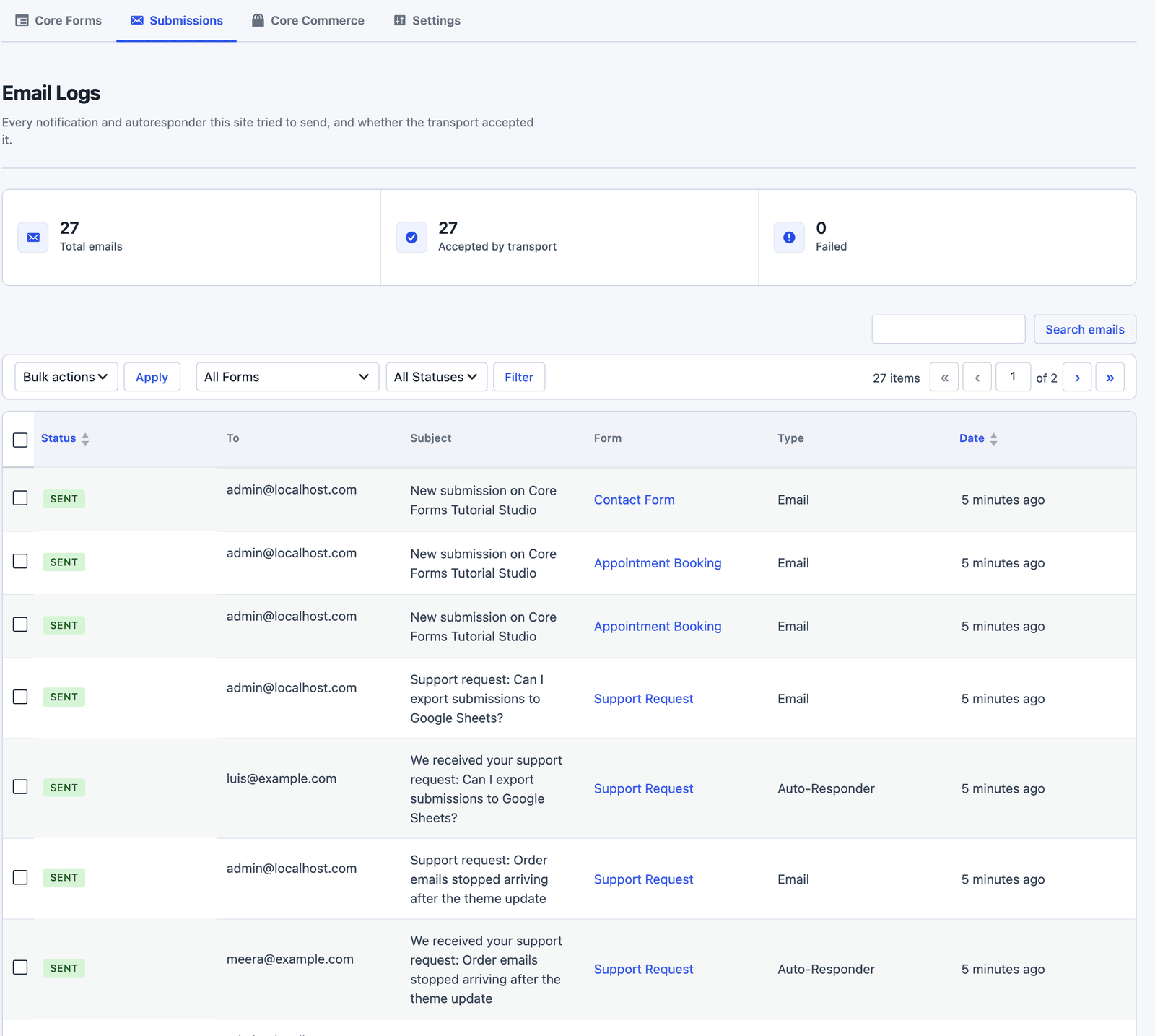 The Email Logs screen showing the admin notification and the auto-responder for two support requests, both marked sent