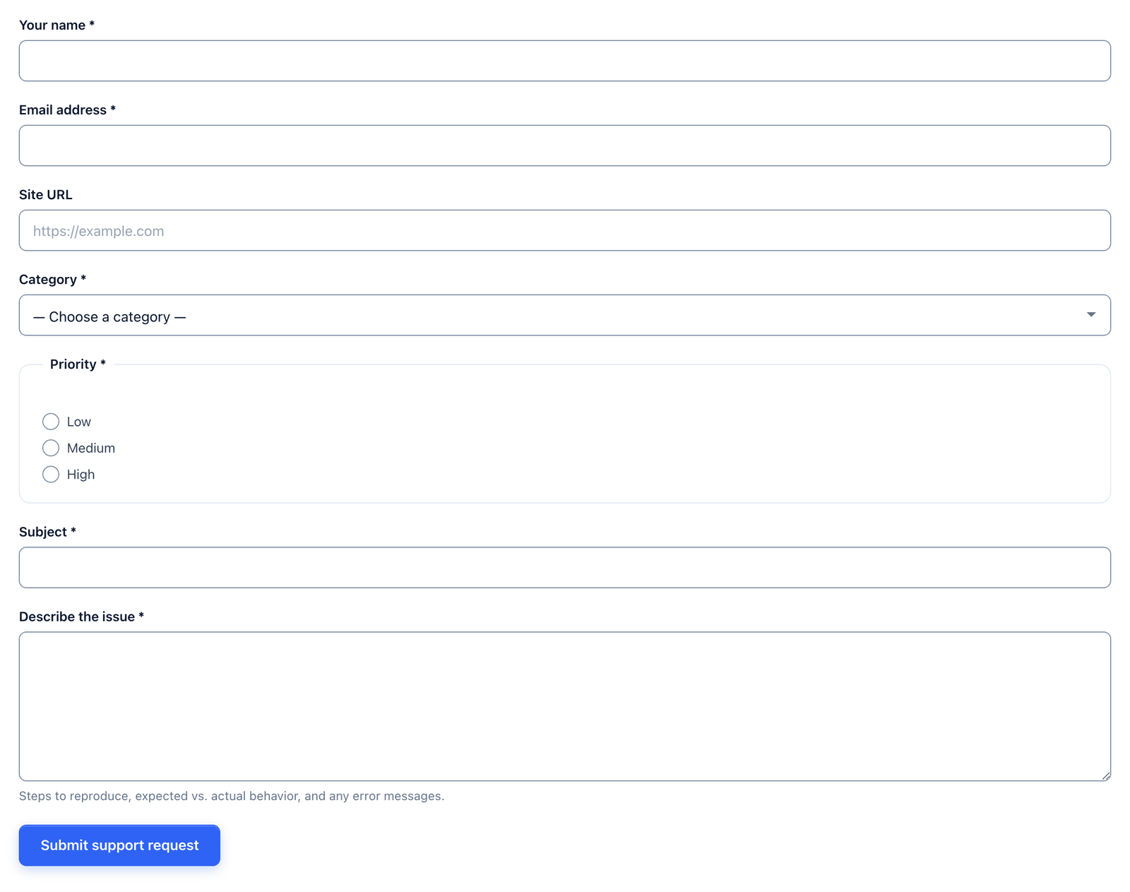 The support request form on a page with category, priority, subject and description fields