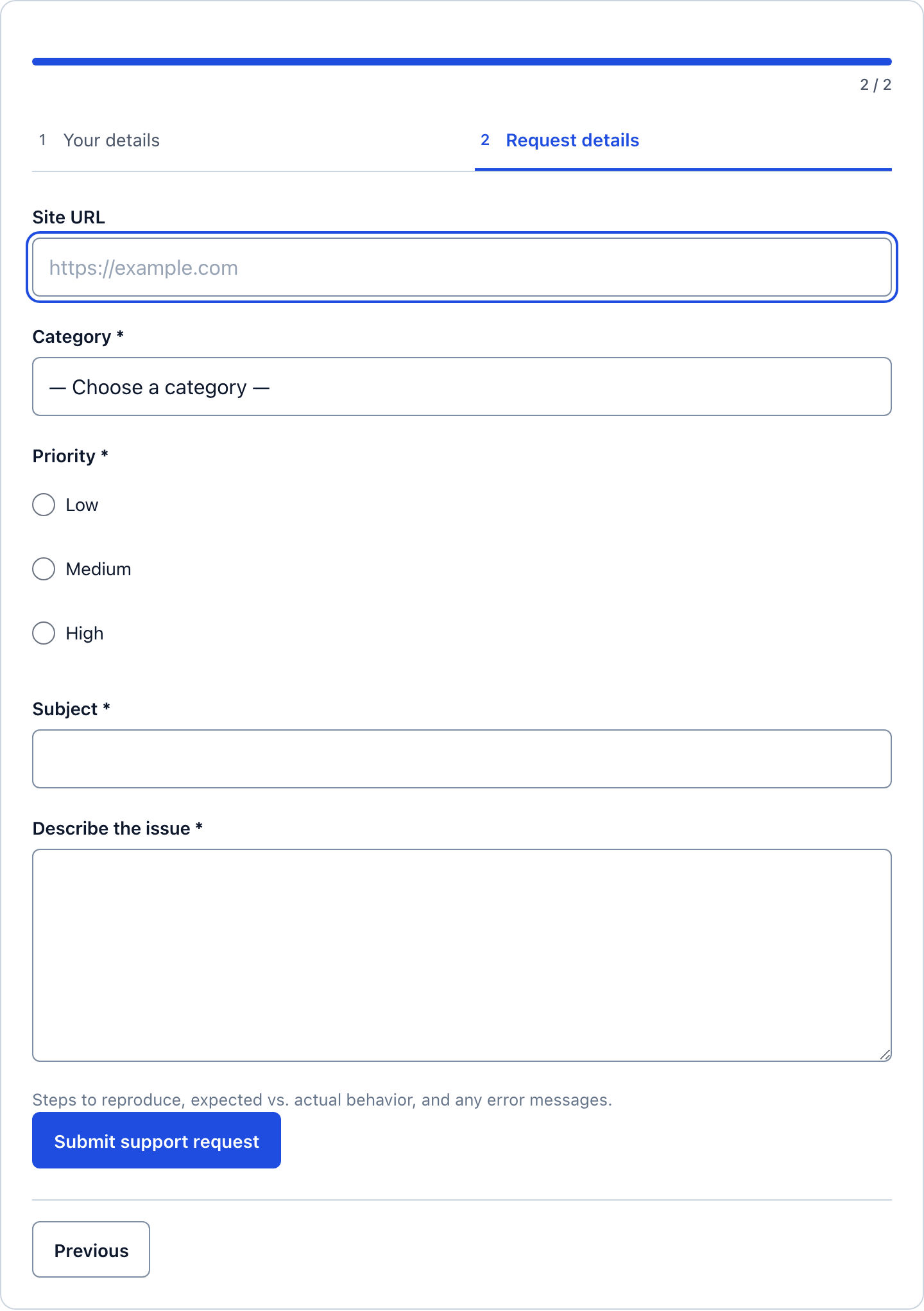 Step 2 of the multi-step support request form with site URL, category, priority, subject and description