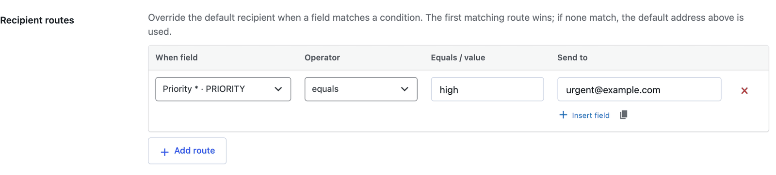 Recipient routes in the Send Email action, routing requests where Priority equals high to urgent@example.com