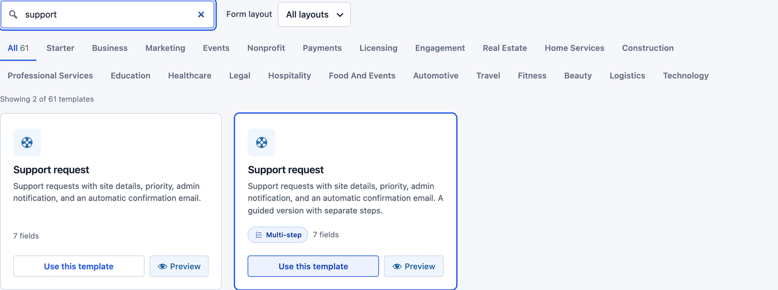 Core Forms template gallery searched for support, showing the Support request template and its multi-step version