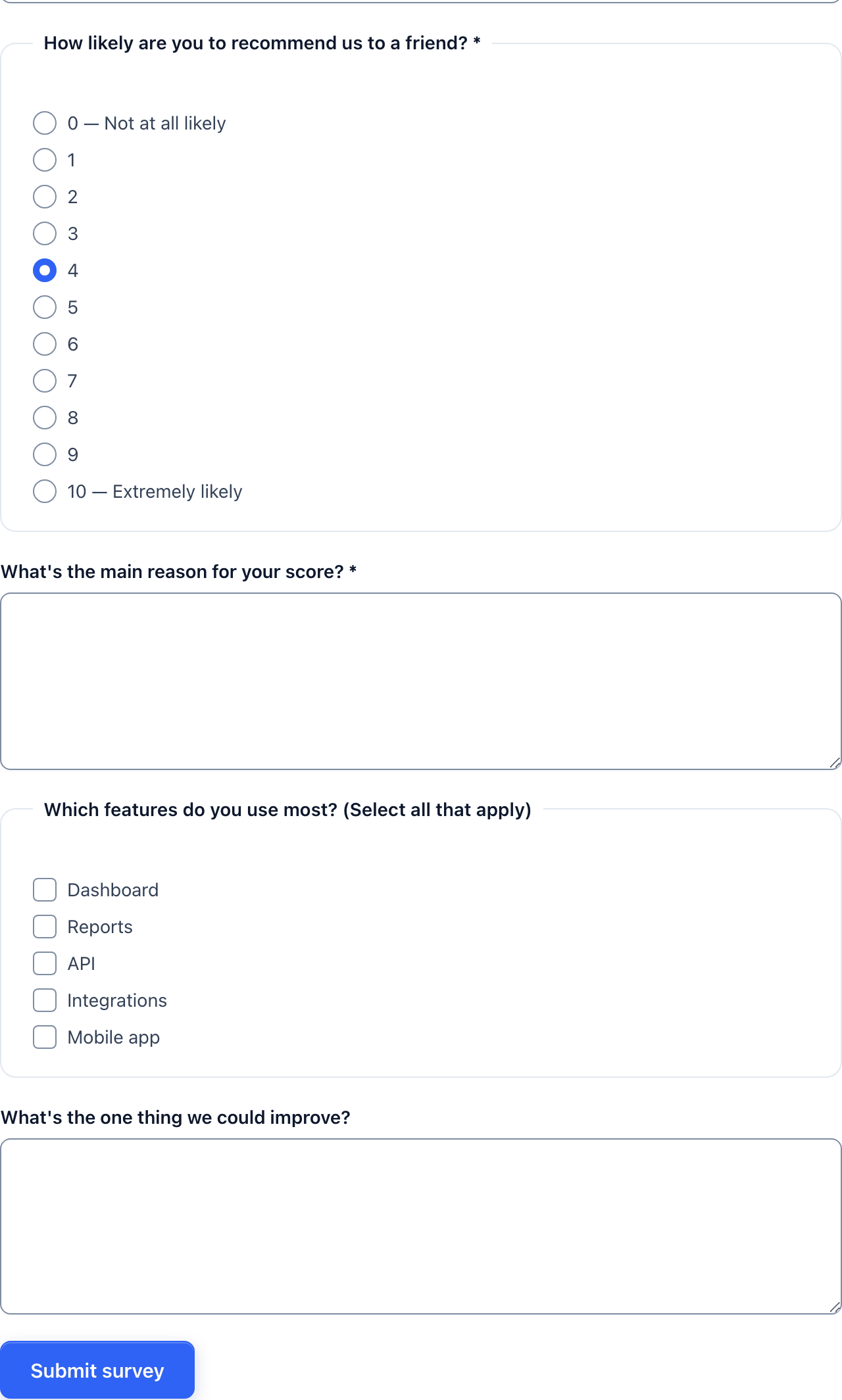 The customer survey with a score of 4 selected and the improvement question shown below the feature checklist