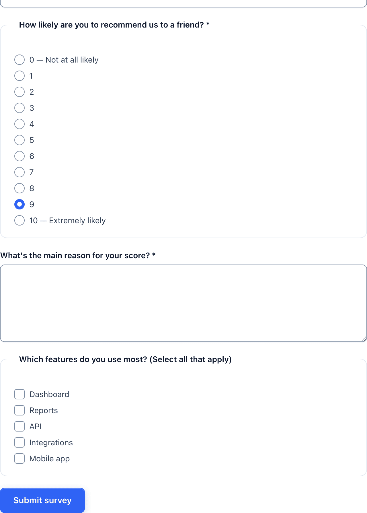 The customer survey with a score of 9 selected and no improvement question visible