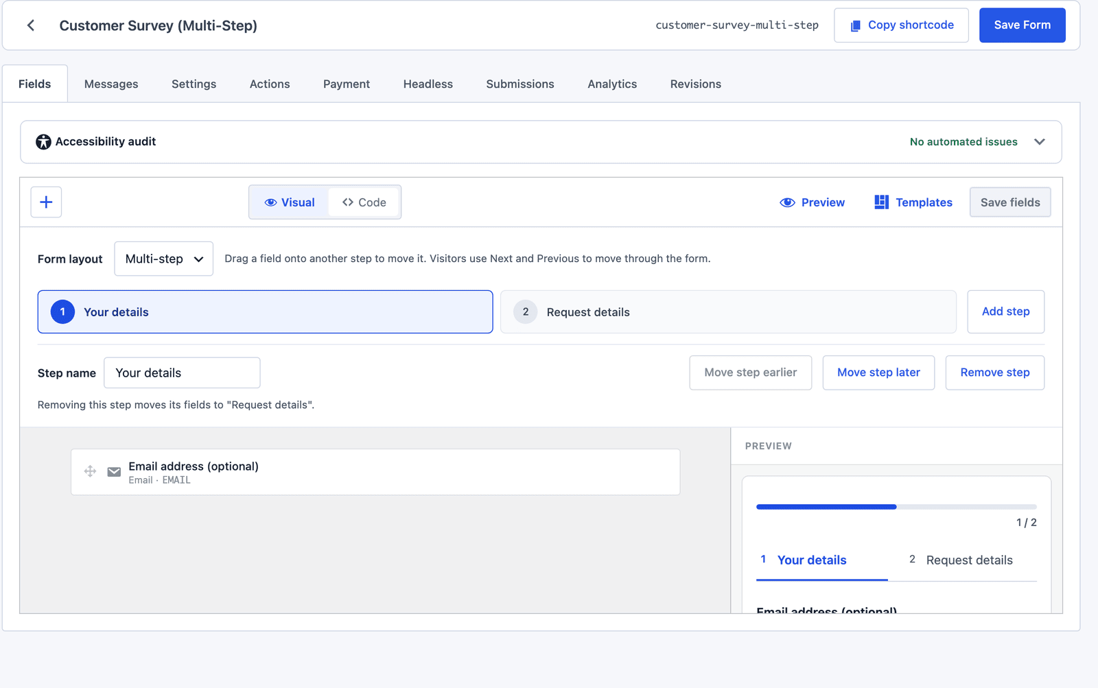 Core Forms builder in multi-step layout with two named steps, Your details and Request details
