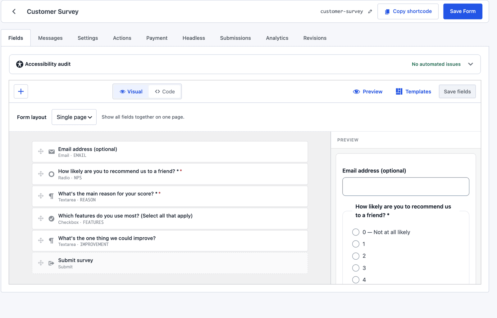 Core Forms visual builder showing the five Customer survey fields with a live preview on the right