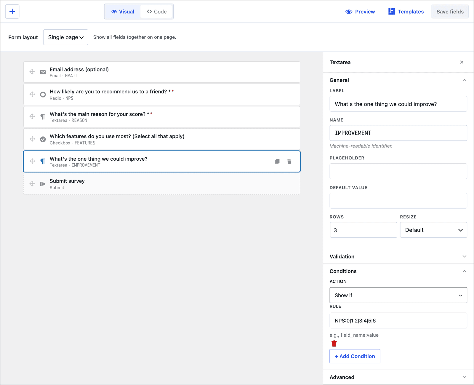 Core Forms field panel for the improvement question with Conditions open, Action set to Show if and the rule NPS:0|1|2|3|4|5|6