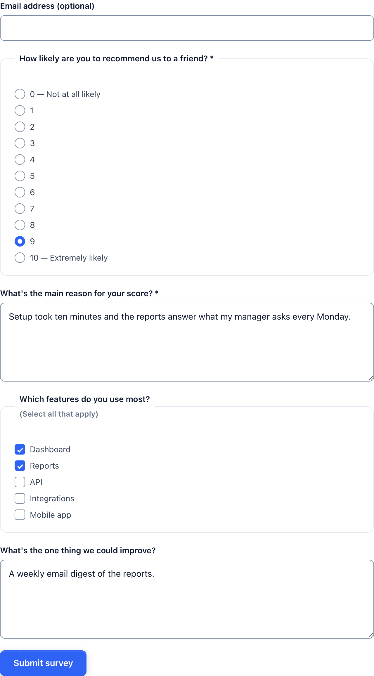 The published customer survey on a WordPress page with a score of 9, a reason and two features selected