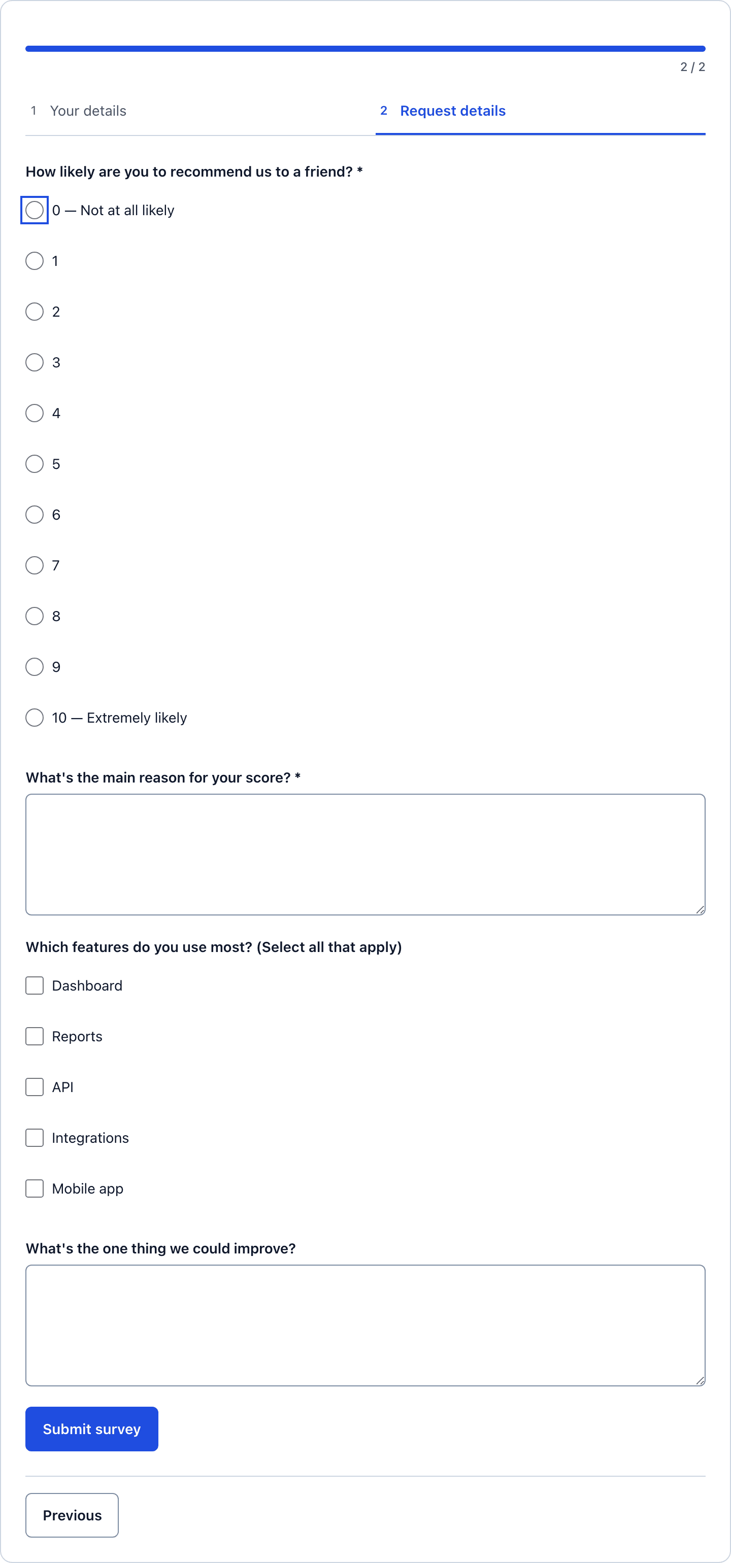 Step 2 of the multi-step customer survey showing a full progress bar, the NPS scale and a Previous button