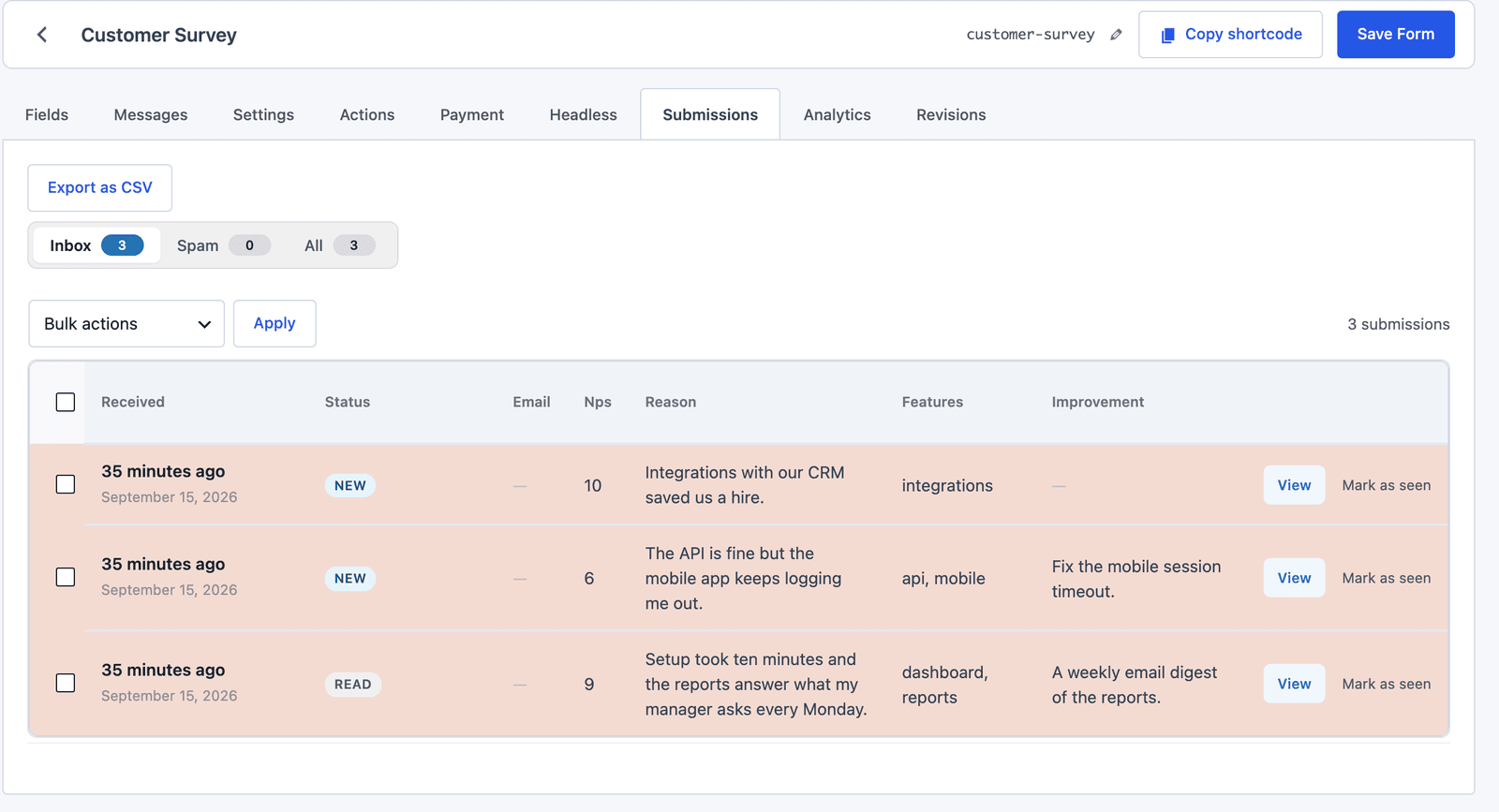 The Submissions tab of the customer survey showing three test responses with scores of 10, 6 and 9 under Email, Nps, Reason, Features and Improvement columns