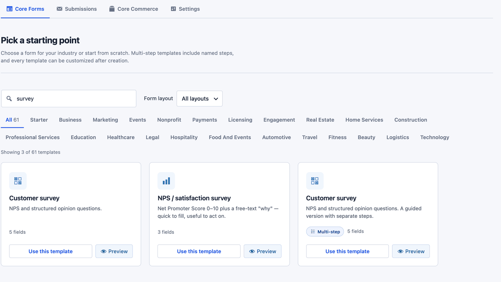 Core Forms template gallery filtered by the word survey, showing Customer survey, NPS satisfaction survey and the multi-step Customer survey