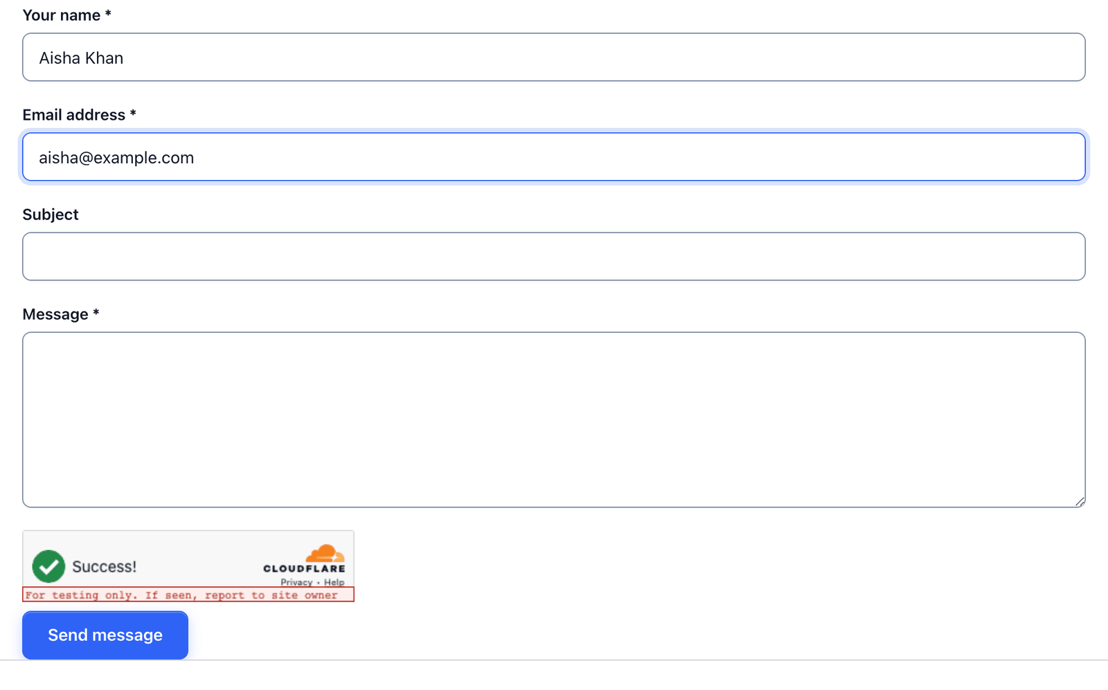 A contact form with name and email filled in and the Cloudflare Turnstile widget showing Success above the Send message button