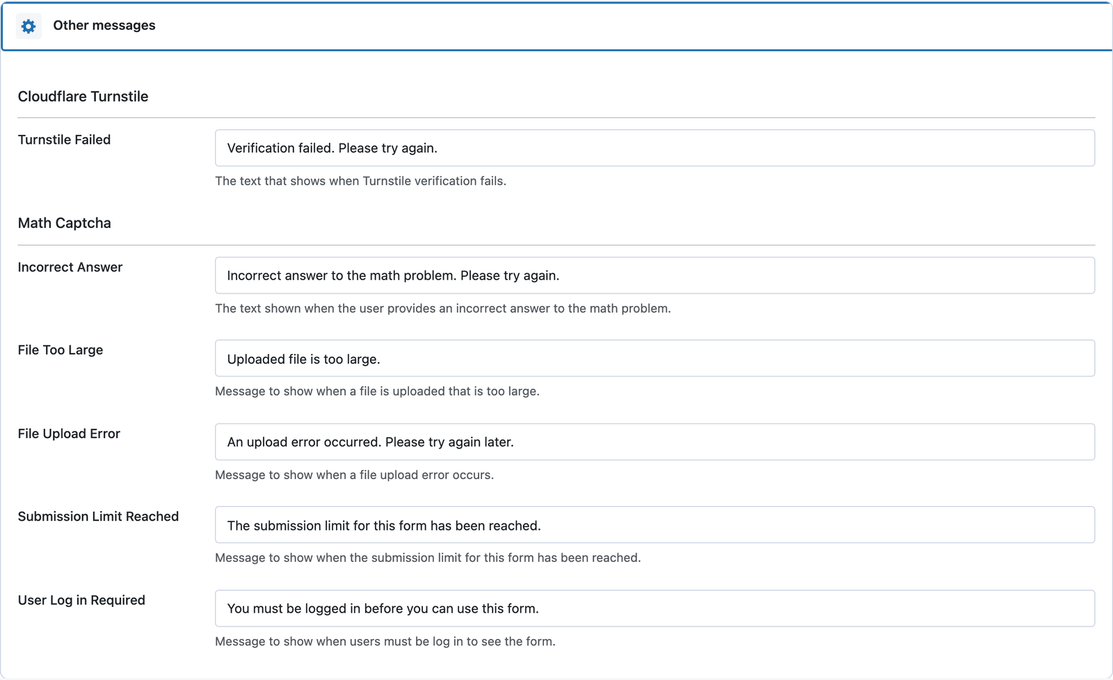 The Messages tab of a form with the Cloudflare Turnstile section showing the Turnstile Failed message field