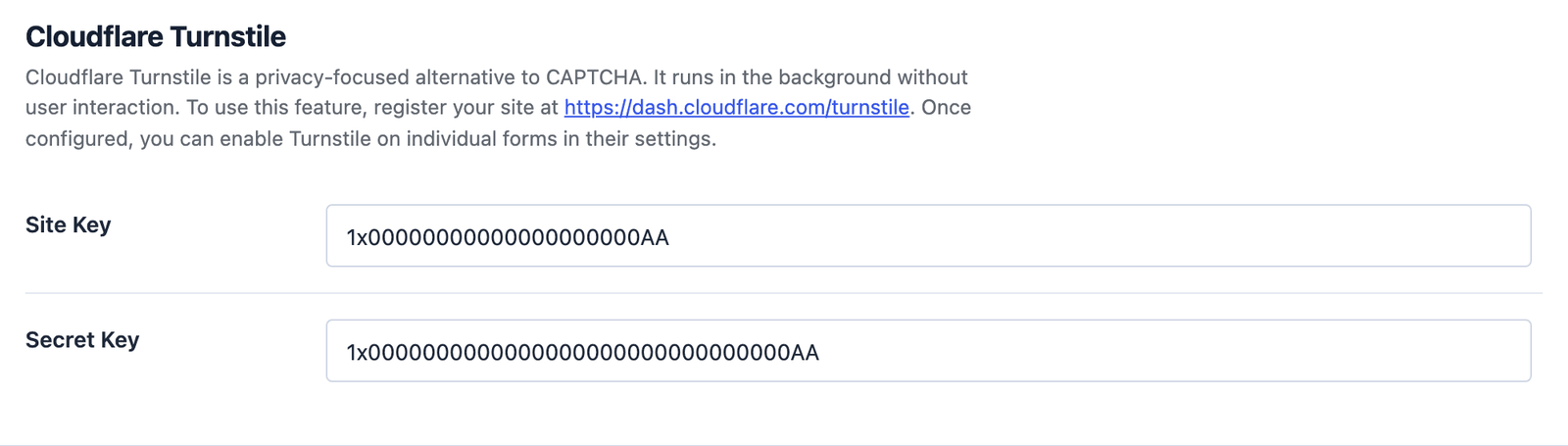 The Cloudflare Turnstile section of the Core Forms settings with the site key and secret key filled in