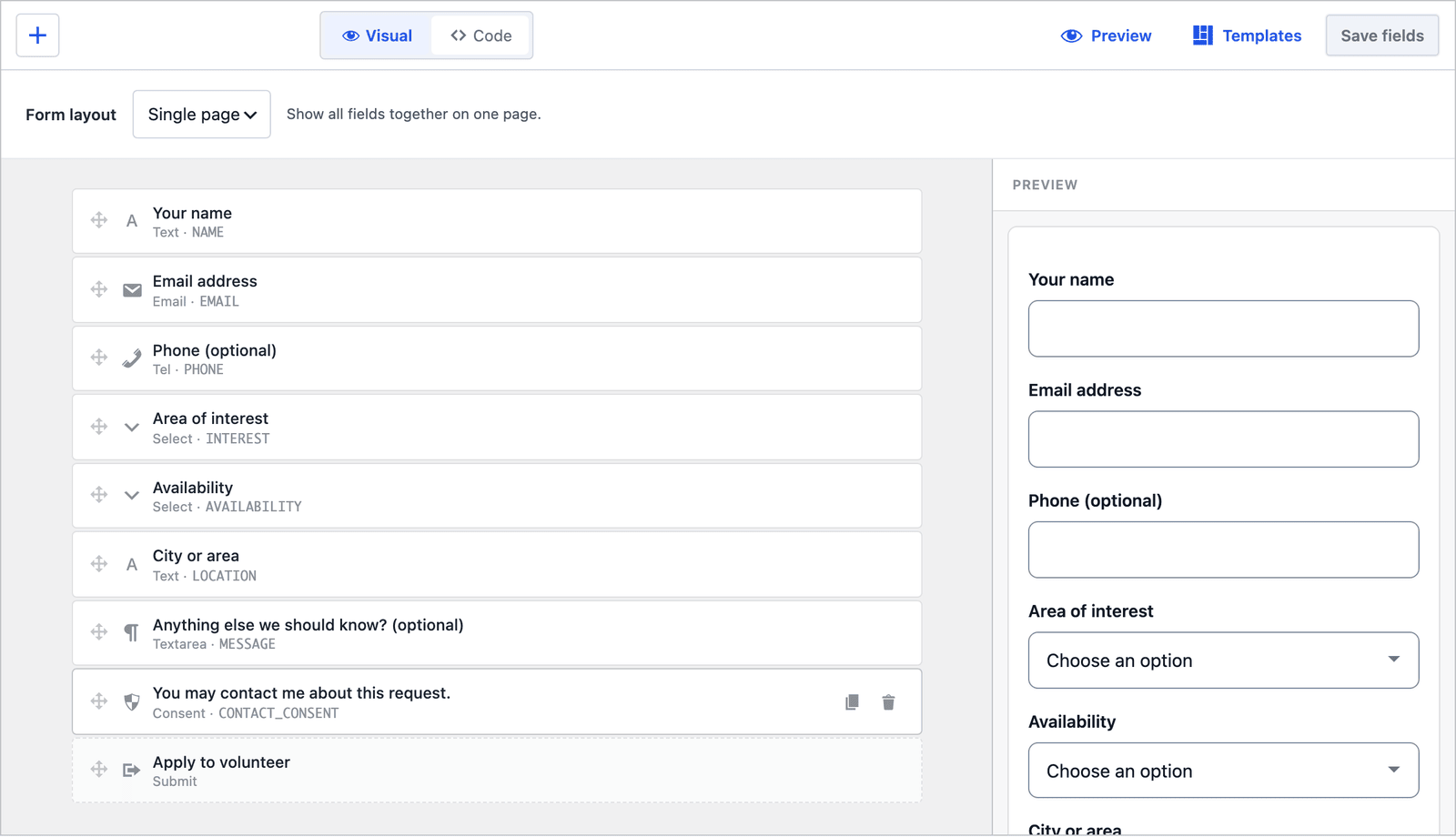 Core Forms builder for the volunteer form with the layout set to Single page, showing all 8 fields in one column
