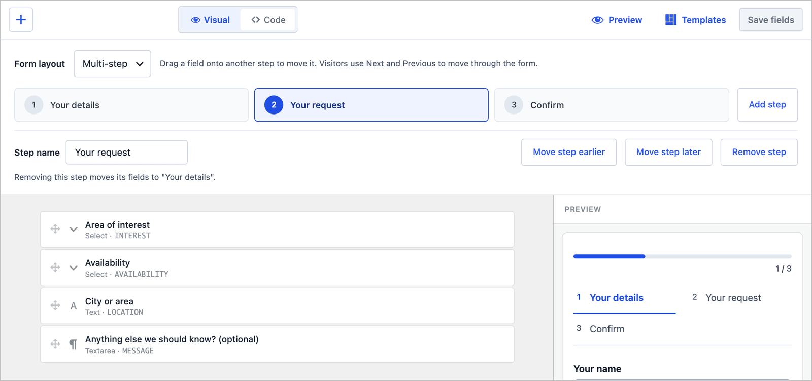 Core Forms builder for the Volunteer application form with the Your request step selected, showing area of interest, availability, city and message fields
