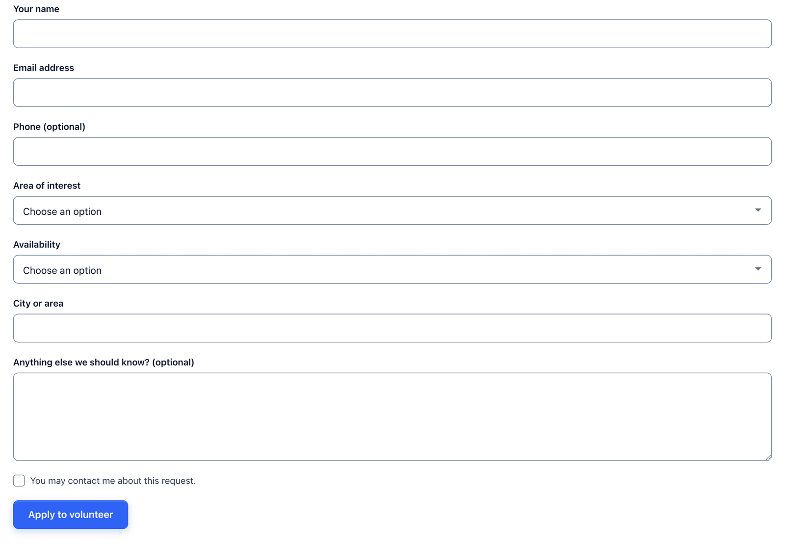 The volunteer application form on a single page with all fields visible