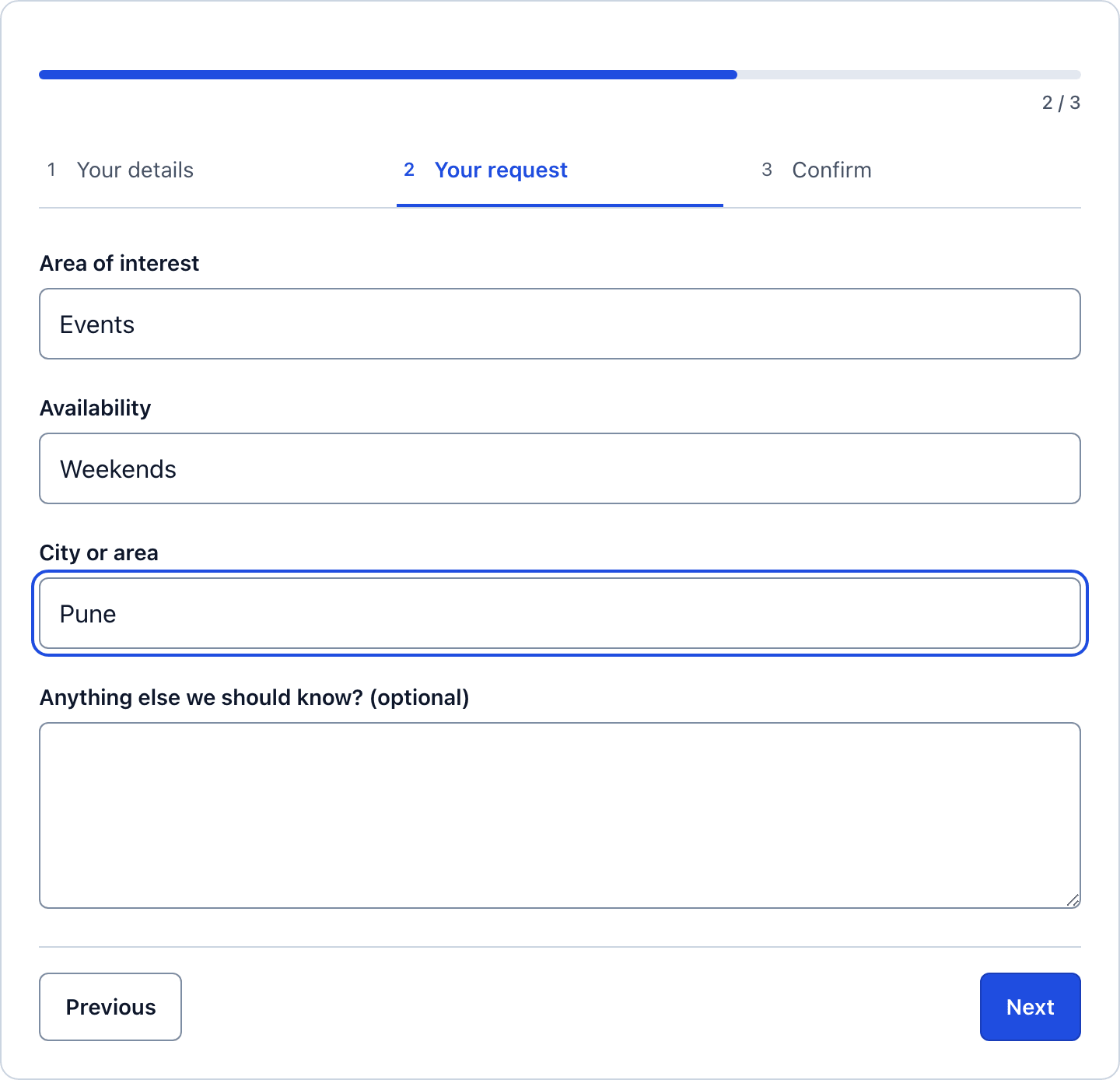 Step 2 of the volunteer application form with the area of interest, availability, city and message fields