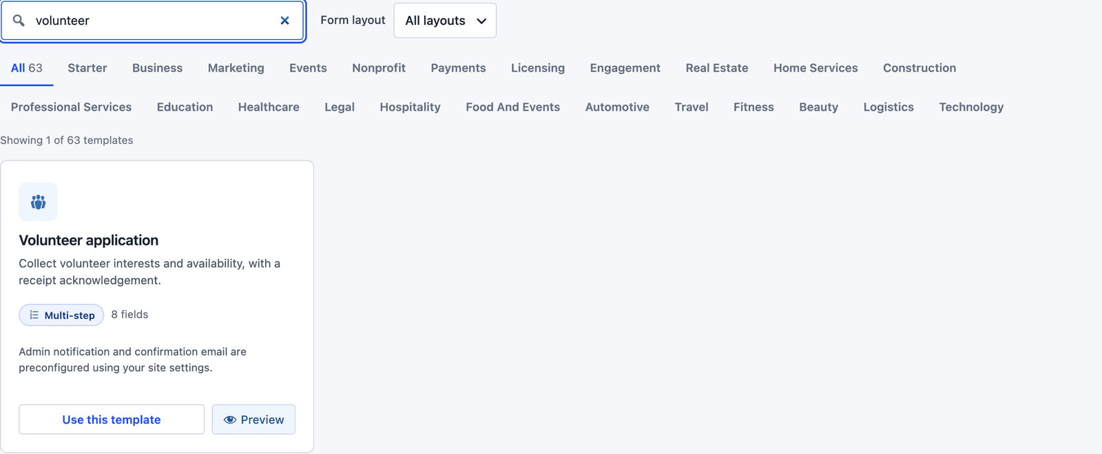 Core Forms template gallery searched for volunteer, showing the Volunteer application template with its Multi-step badge