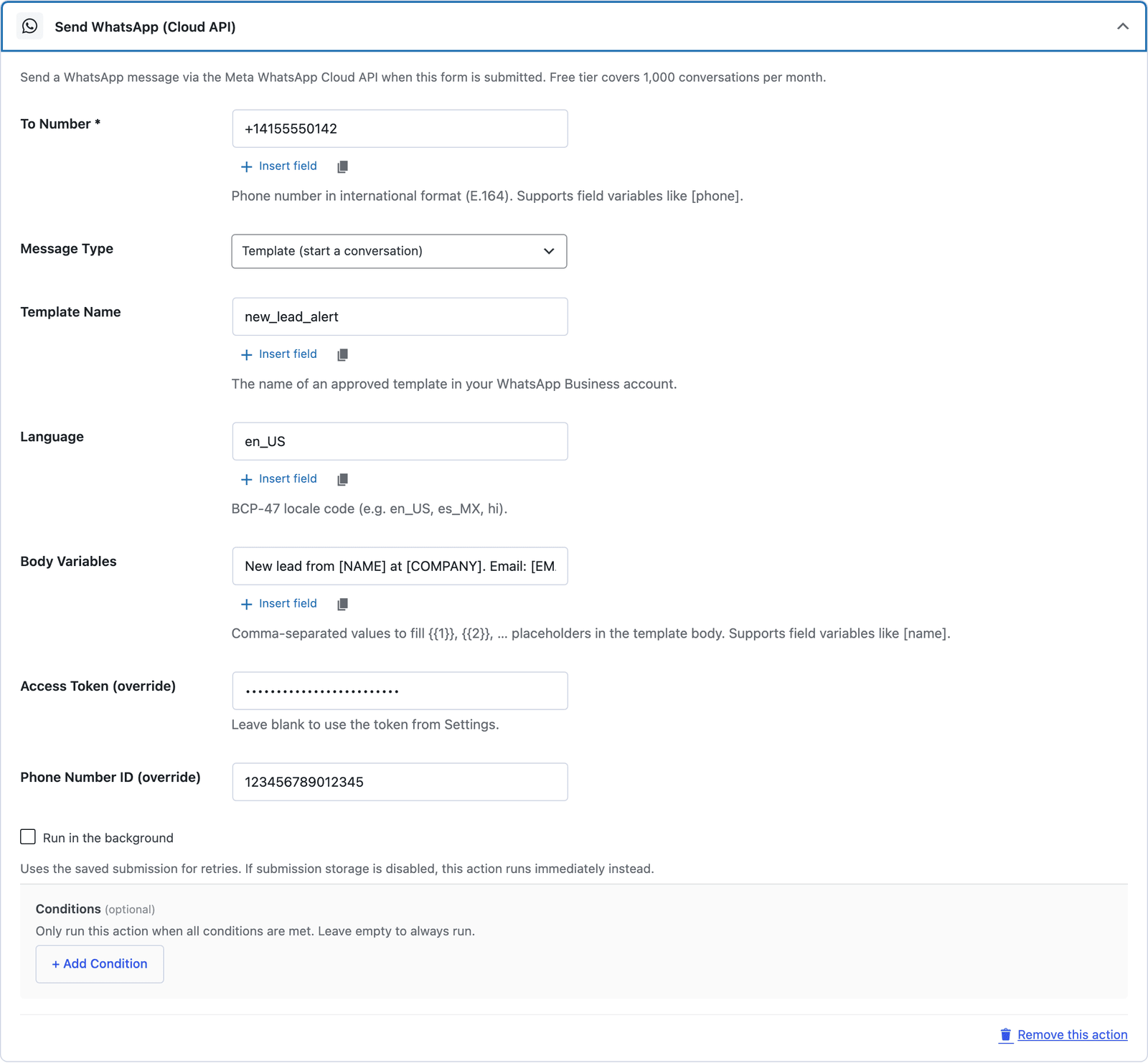 The Send WhatsApp (Cloud API) action in Core Forms with a recipient number, the template message type, a template name and language, body variables and the token and phone number ID overrides