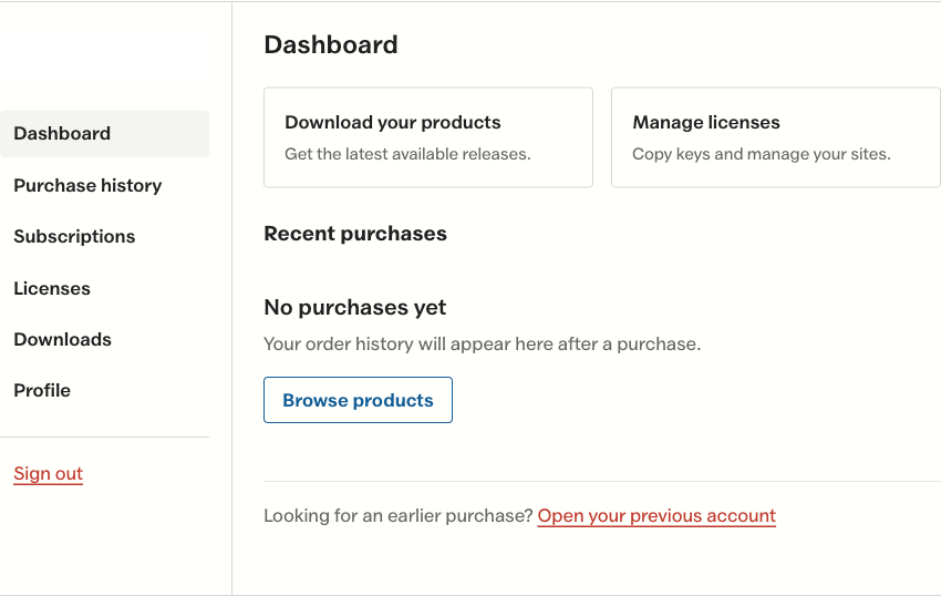 Customer account navigation with purchase history, subscriptions, licenses, downloads and profile, alongside an empty purchase history