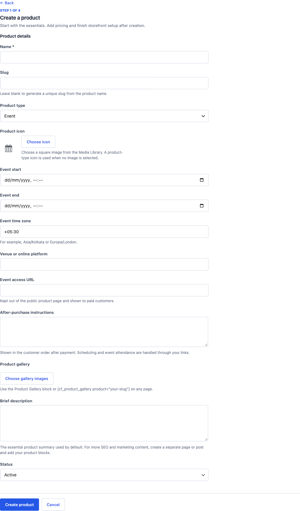 Event product editor with start and end dates, time zone, venue and private access URL