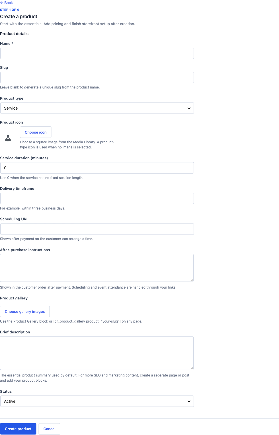 Service product editor with duration, delivery timeframe, scheduling URL and after-purchase instructions