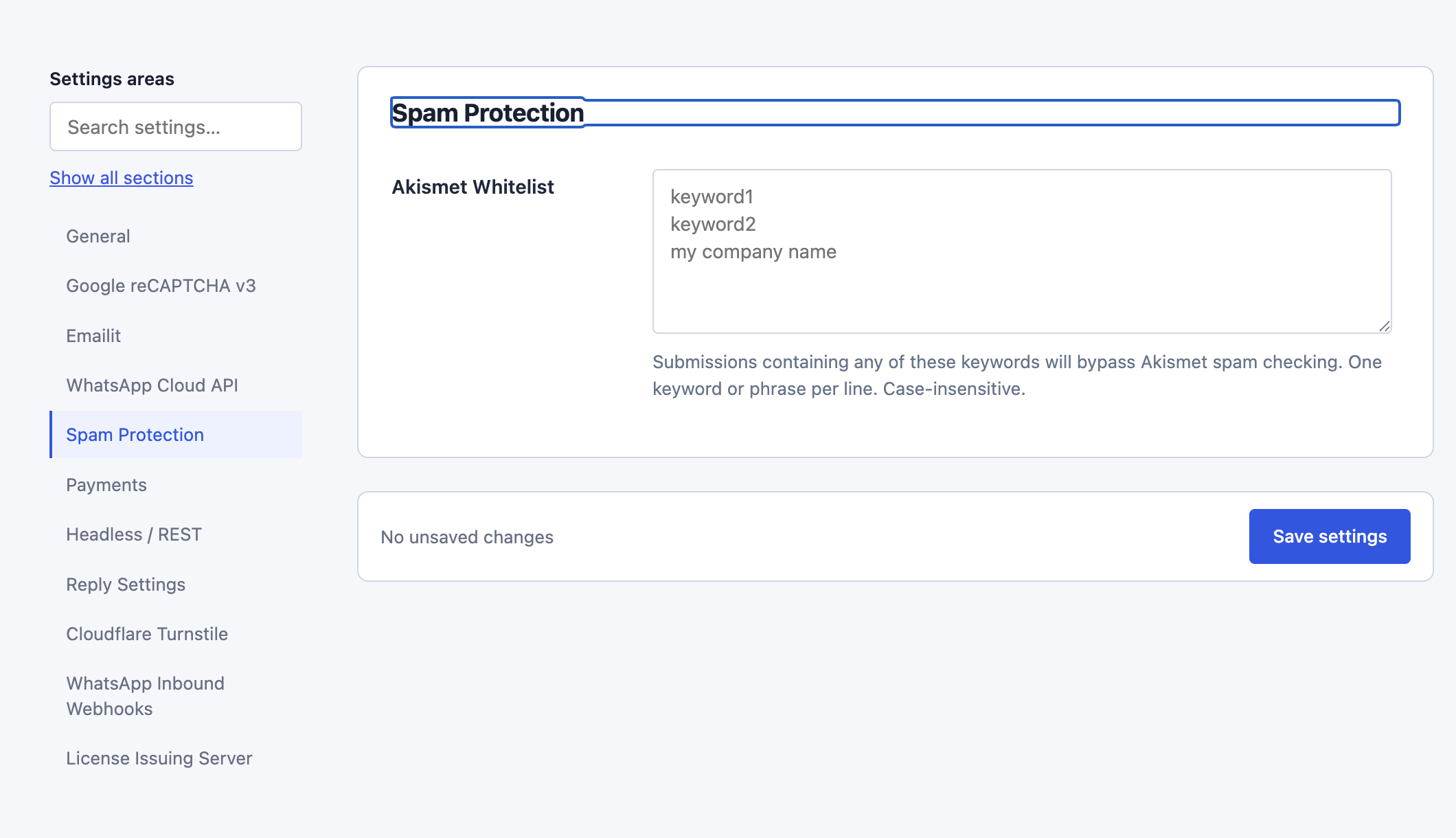 Core Forms 4.9 Settings with section navigation and a persistent Save settings bar.