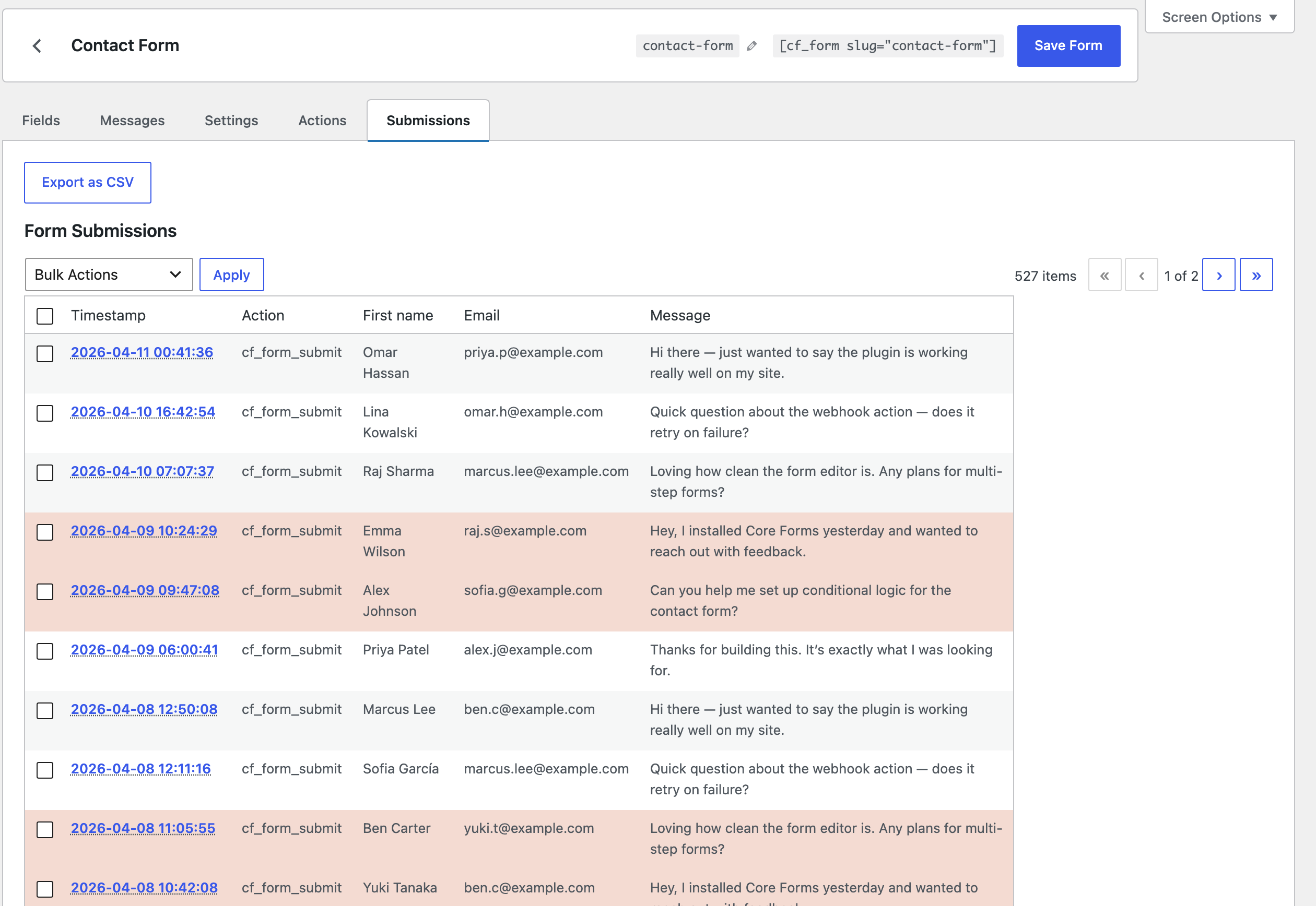 Core Forms WordPress dashboard
