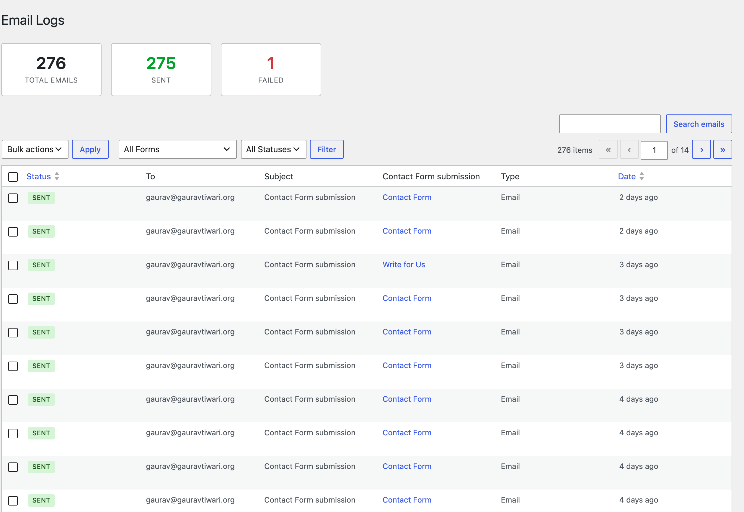 Core Forms email log with delivery state and retry controls