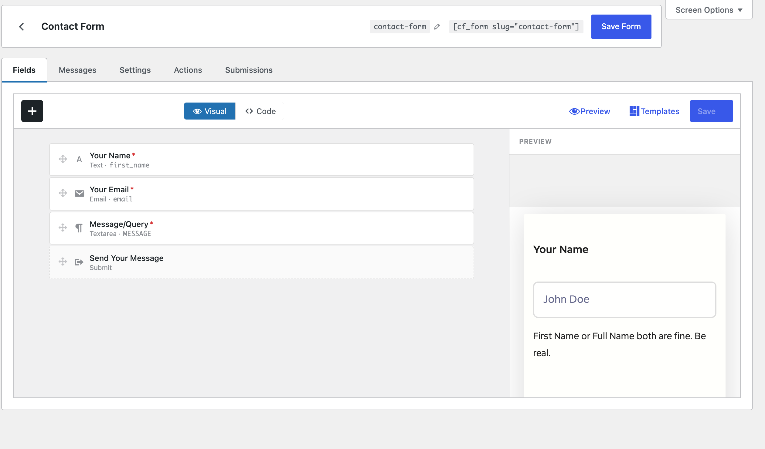 Core Forms visual field builder in the WordPress admin