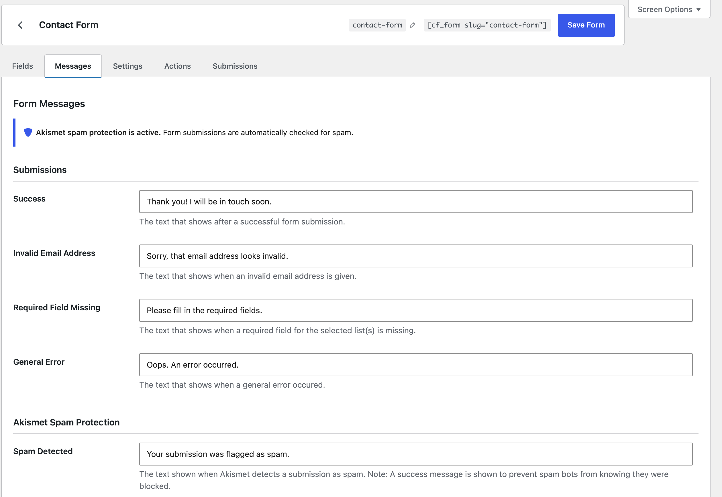 Core Forms messages configuration panel