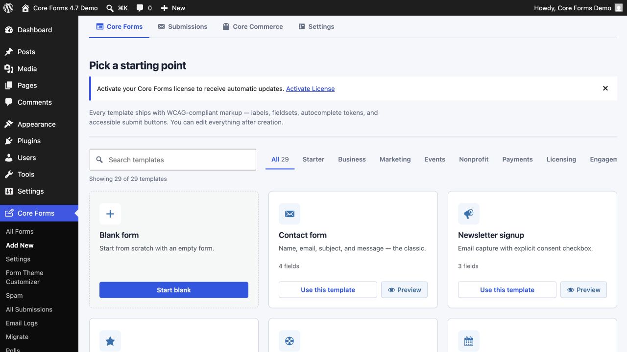 Add New Form template gallery