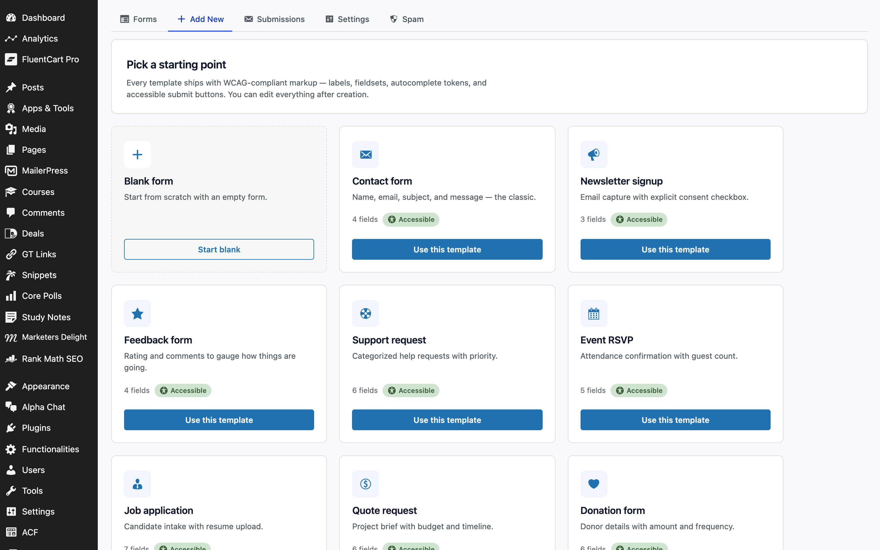 Add New Form template gallery