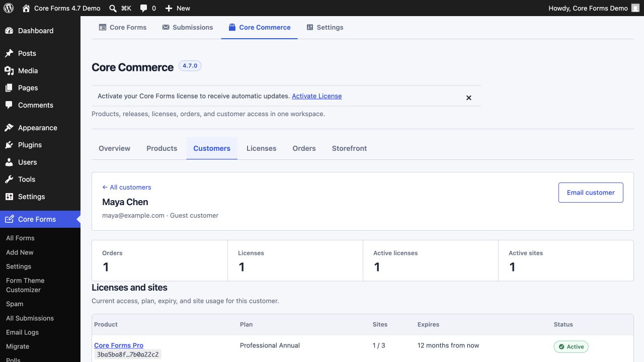 Core Commerce customer detail view