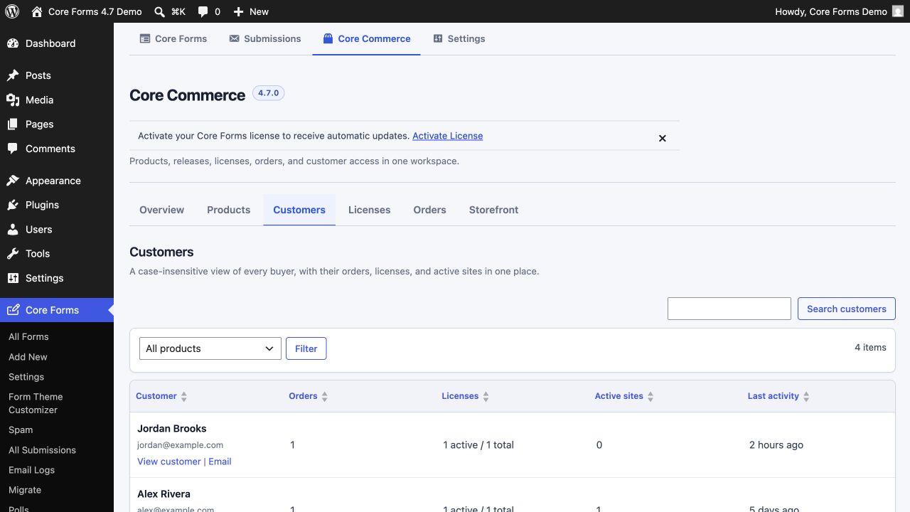 Core Commerce customer list with orders, licenses, and active-site totals