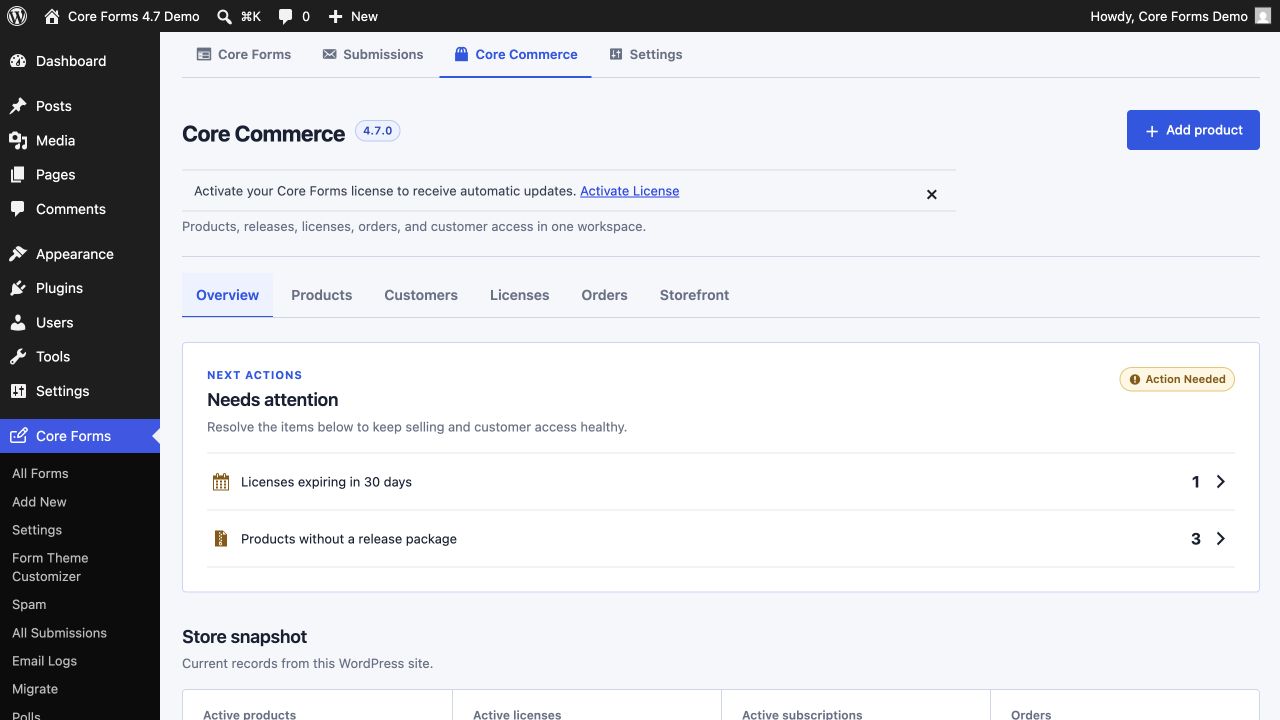 Core Commerce overview with operational alerts and store totals