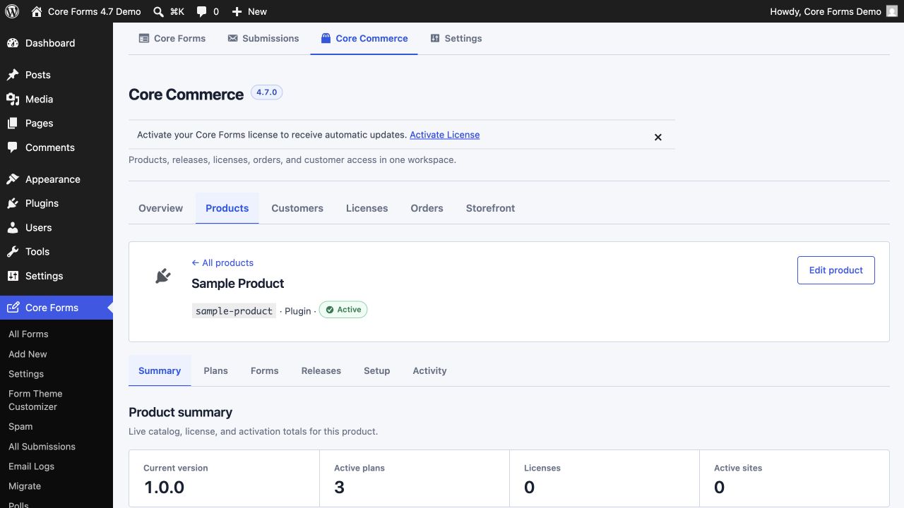 Core Commerce product workspace with display guidance and copy-ready snippets