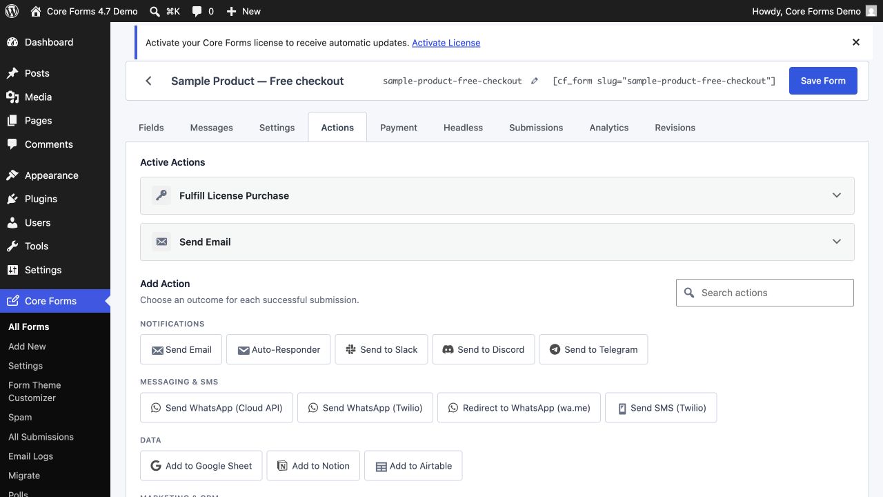 Actions tab with configured integrations