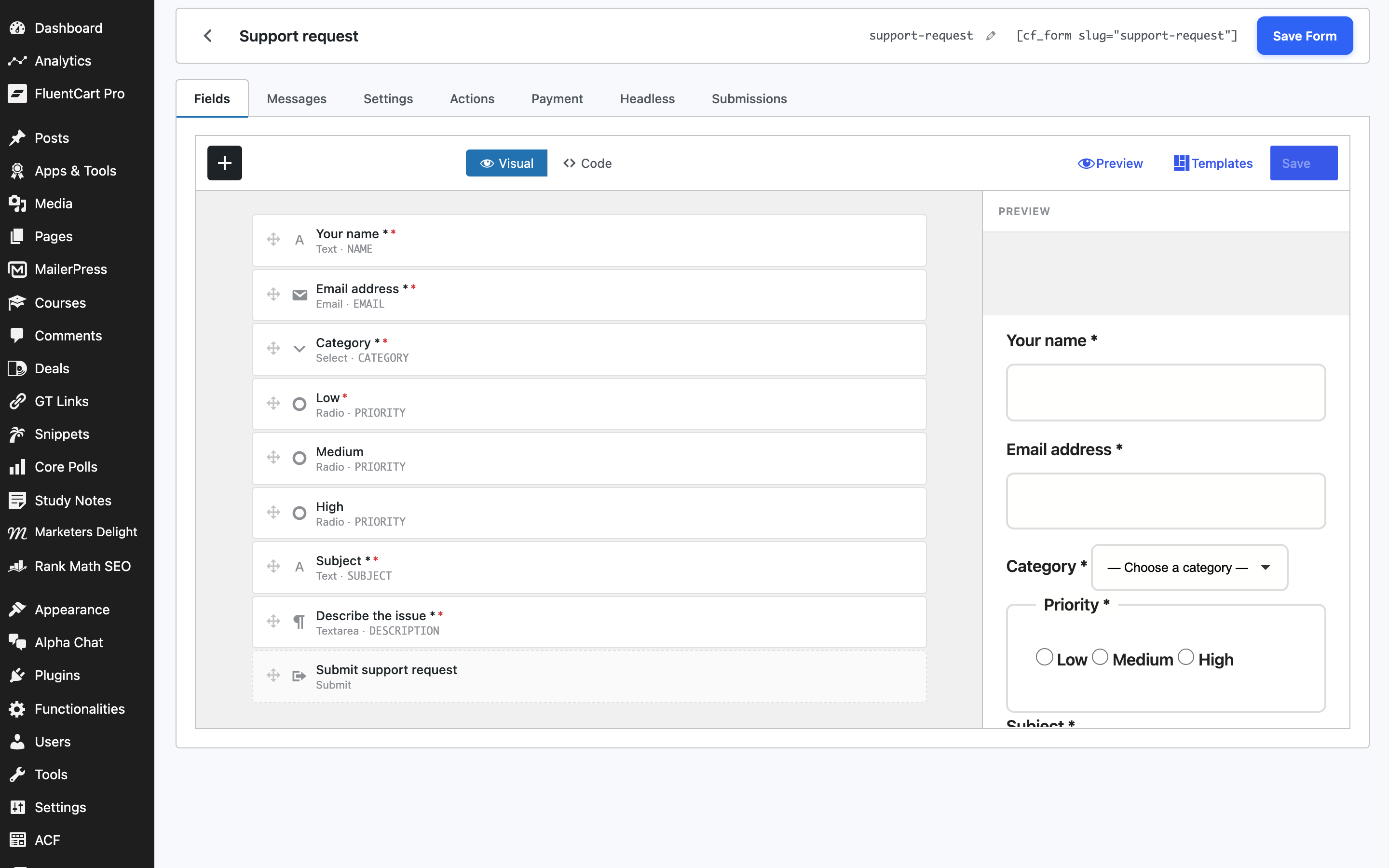 Form editor — Fields tab in the Core Forms admin