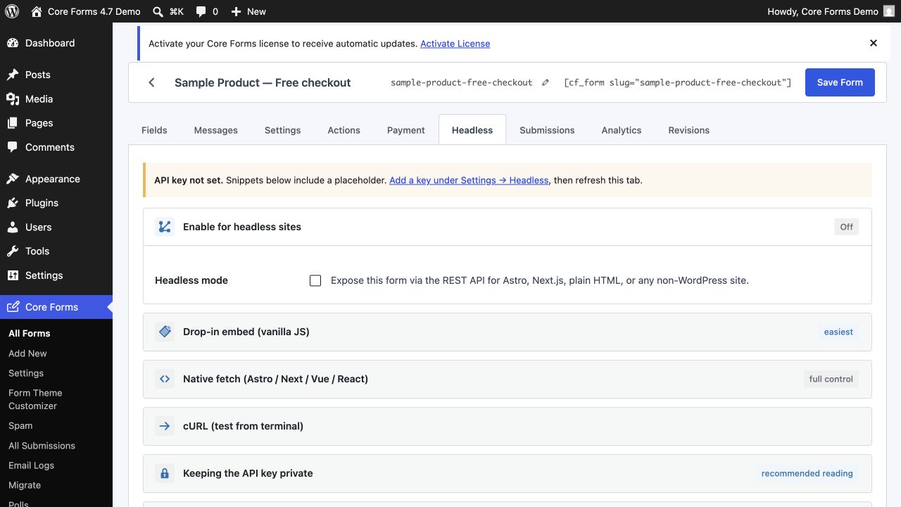 Per-form Headless tab with embed snippets