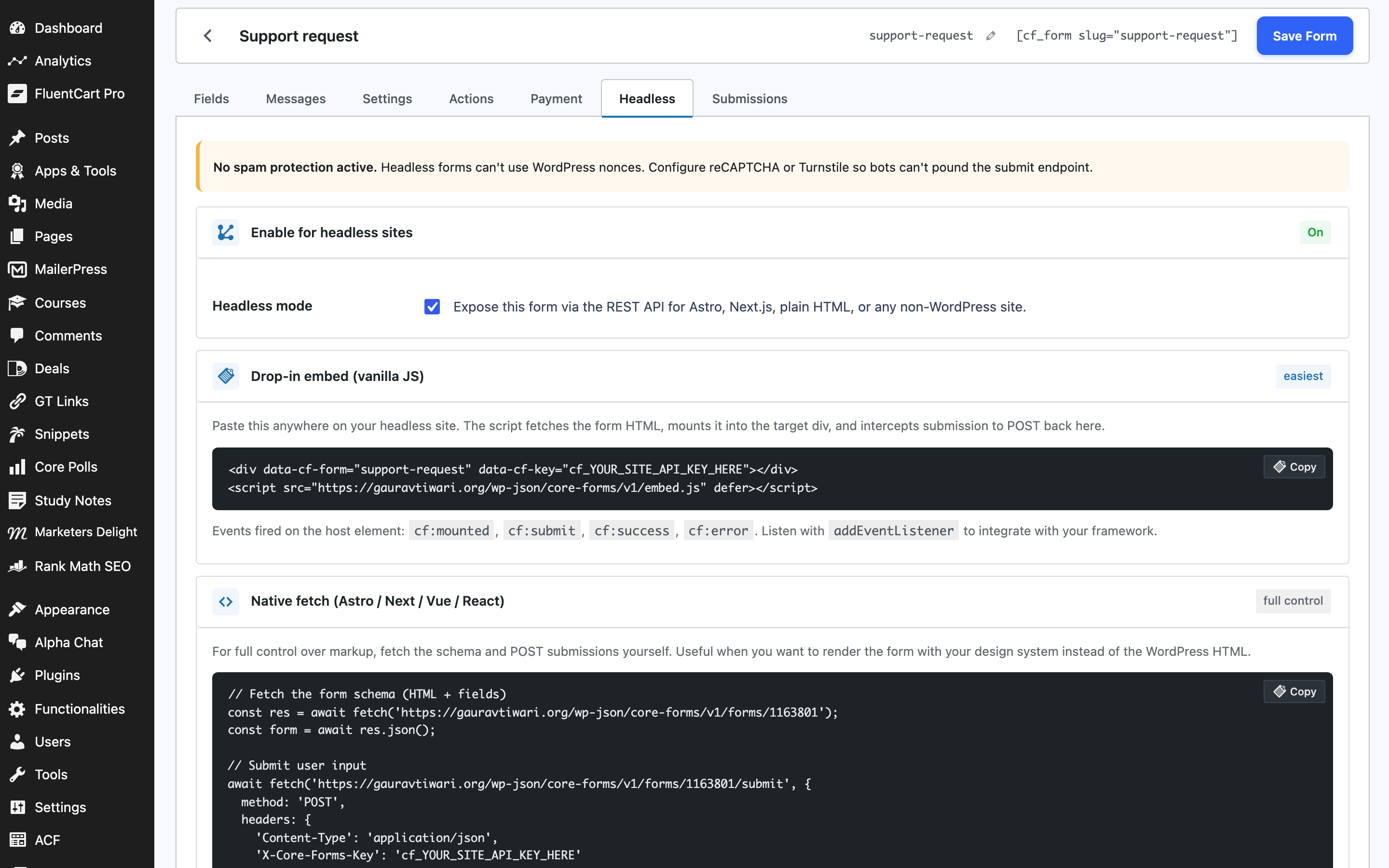 Per-form Headless tab with embed snippets