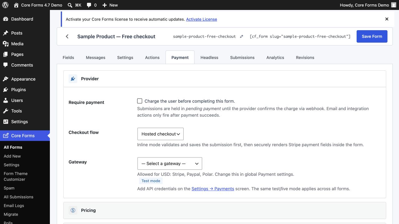 Per-form Payment tab with provider picker