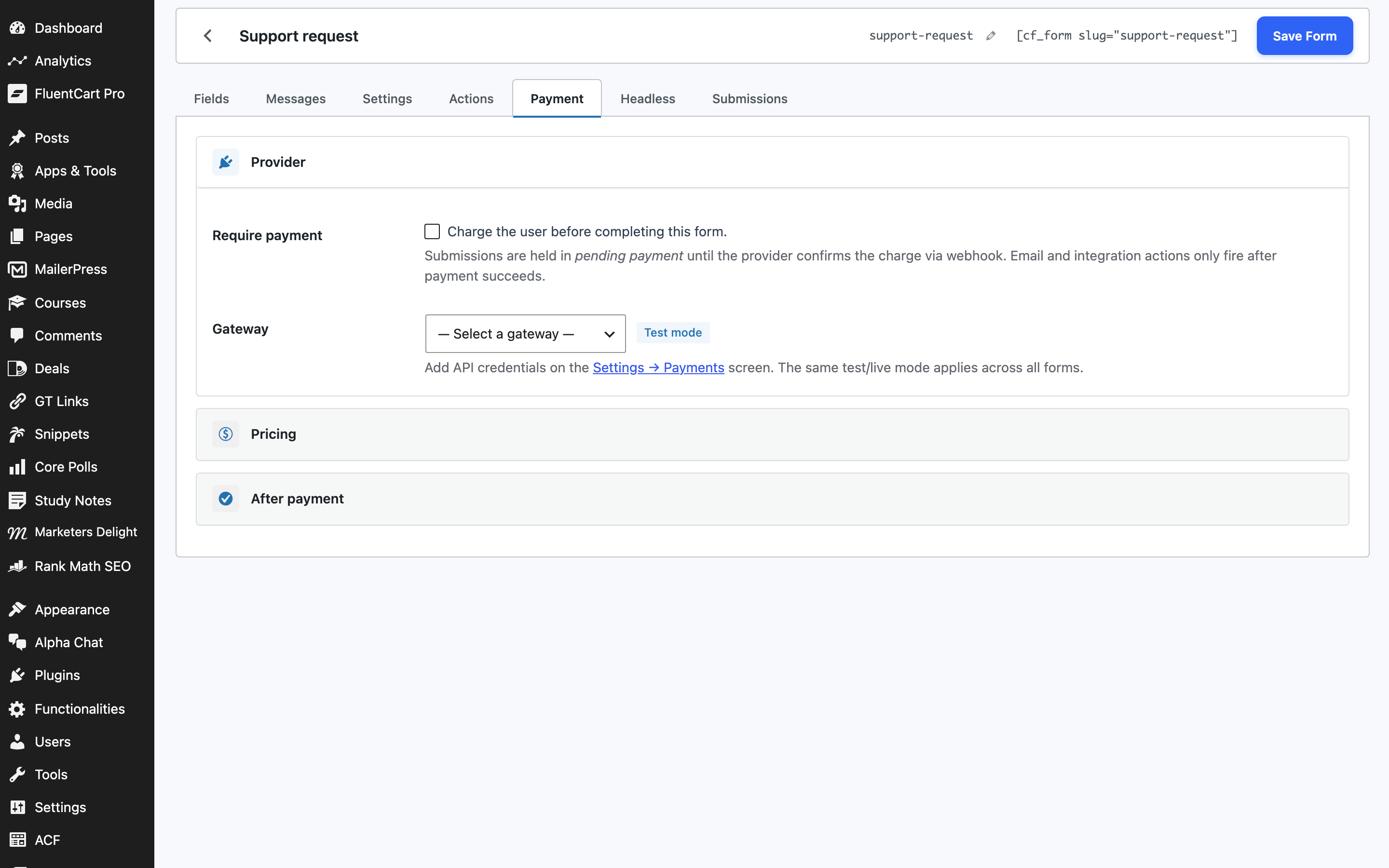 Per-form Payment tab with FluentCart provider