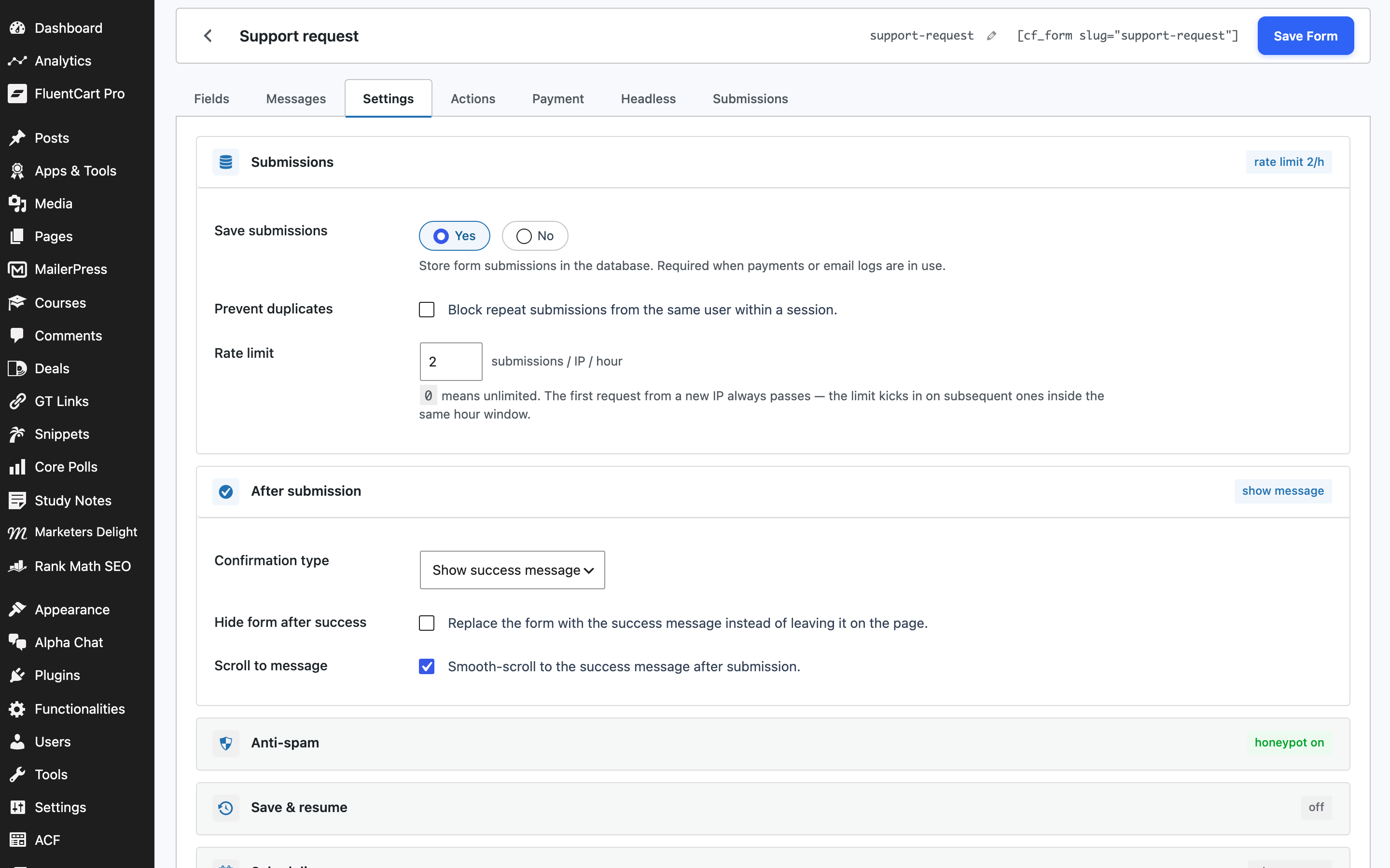 Per-form Settings tab with accordion sections